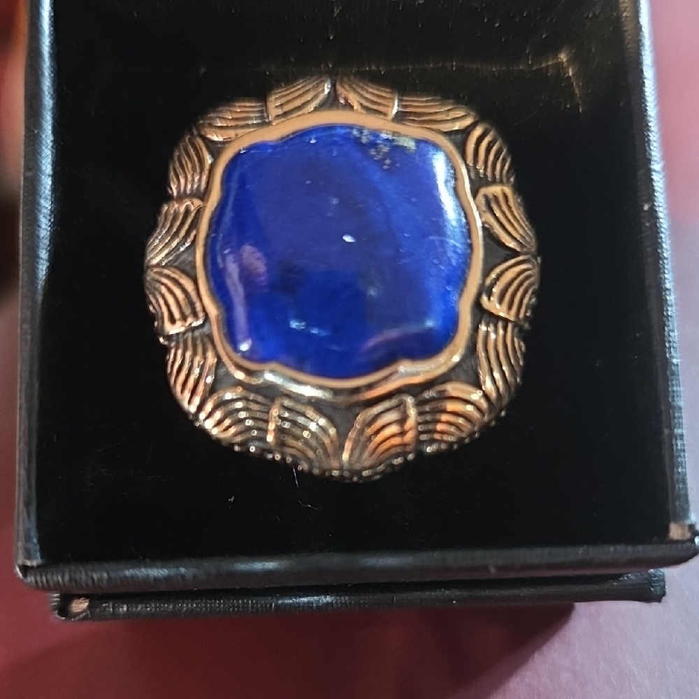 Studio Barse Lapis Lazuli and Golden Bronze Ring with Intricate Detailing 8.5